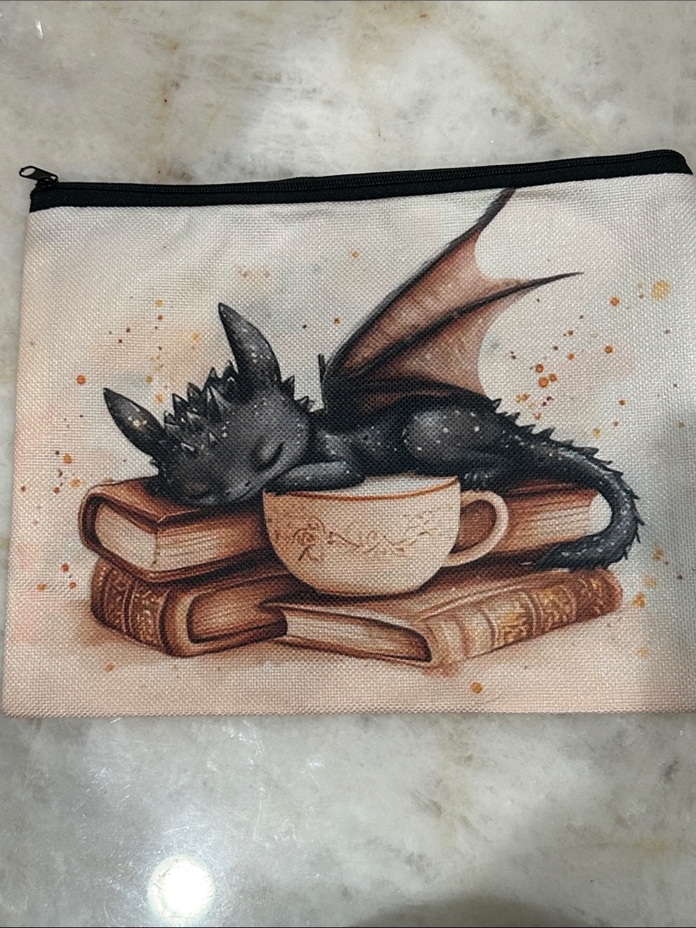 Sleeping Dragon on Books Zip Pouch - Black & Tan Illustration